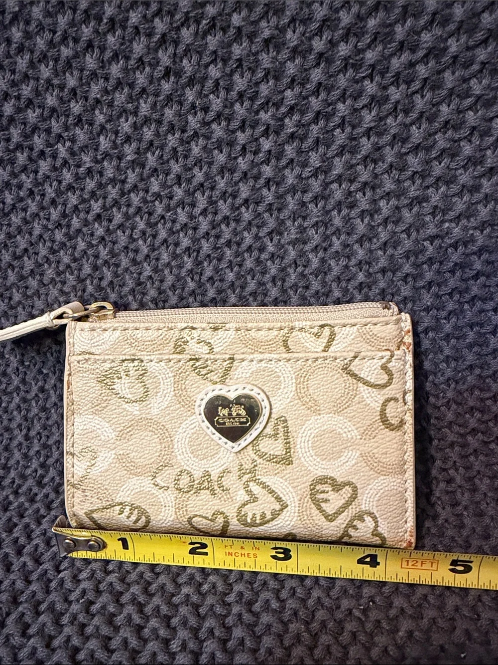 Coach Pink Beige Heart Zip Card Case with Gold Accent